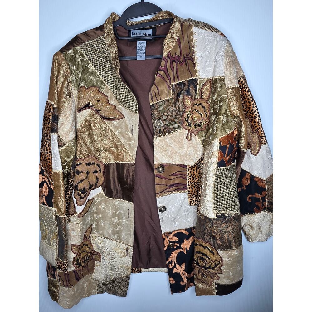 Indigo Moon Patchwork Jacket 1X Brown Gold Floral Tapestry Embroidered Boho Luxe
